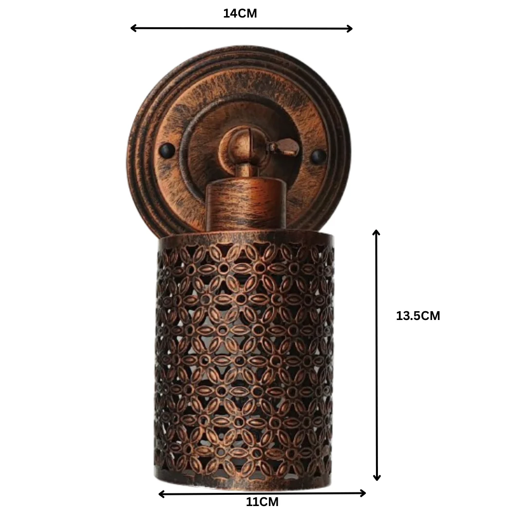 Red industrial cage retro wall lamp with rustic finish, hanging from wall, featuring E27 base and open hollow design.