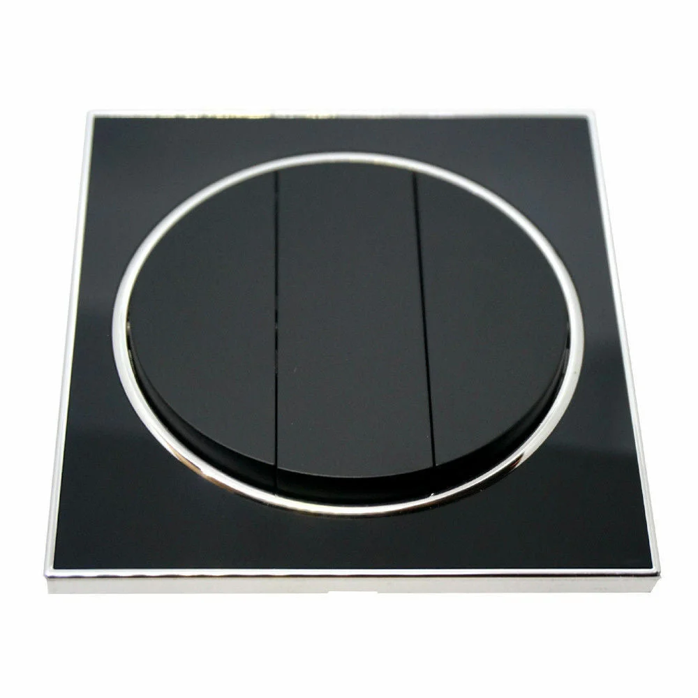 Black screwless round wall light switch with 3 gang buttons on a flat plate, fit 86mmx85mm, UK standard 100-250V.