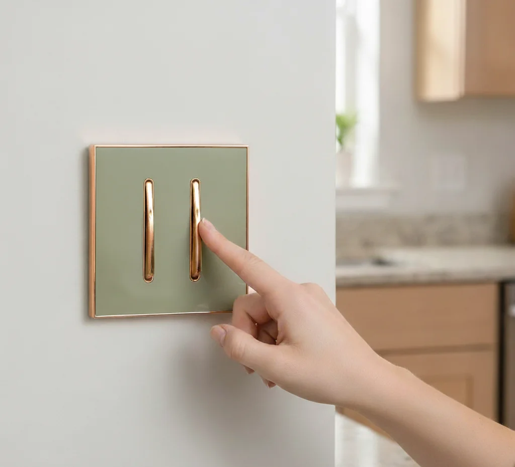 Thin gold glossy 2 gang wall switch, screw‑less metal design, rectangular 86mm by 85mm.