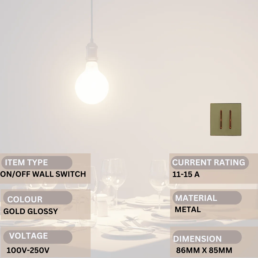 Screwless metal wall switch with two gold glossy buttons, compact 86mm by 85mm design for controlling lights