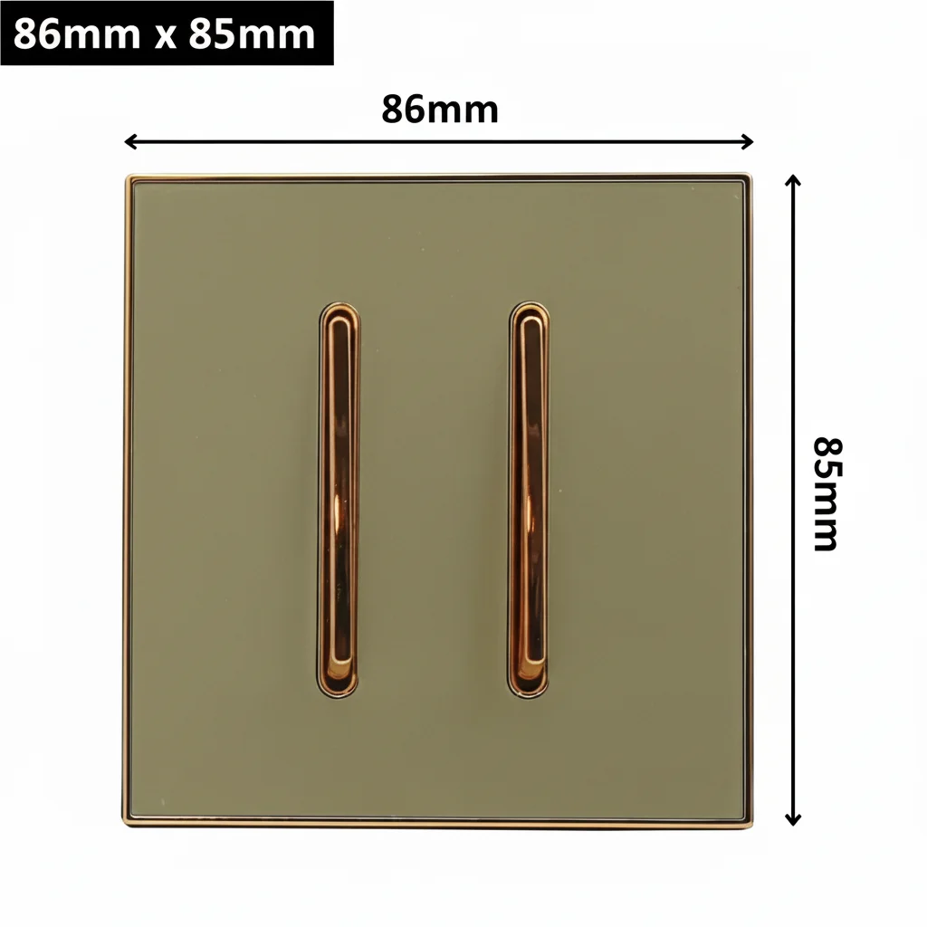 Screwless gold glossy 2‑gang wall light switch with dual buttons, metal body and thick copper contacts.