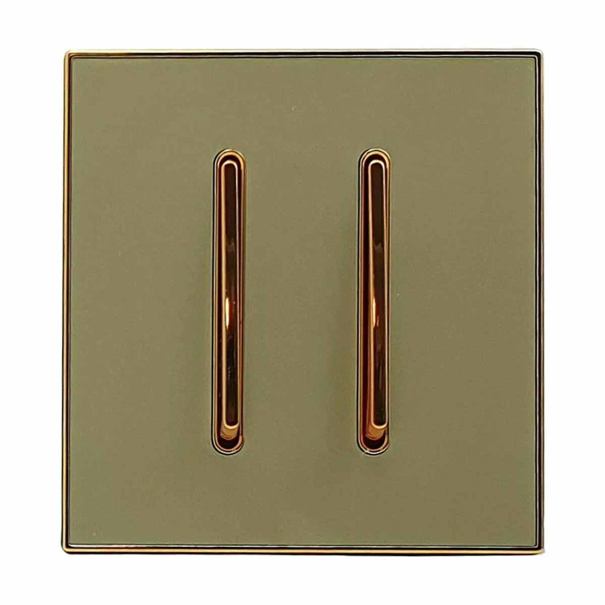 Gold glossy 2‑gang wall switch, BS5733 approved switch, metal, 86mm x 85mm, rated 11‑15A