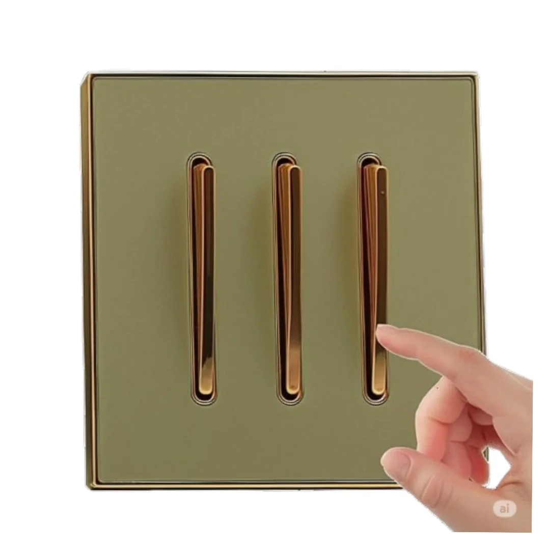 Antique brass 3‑gang light switch set in screw‑less design, fits UK sockets