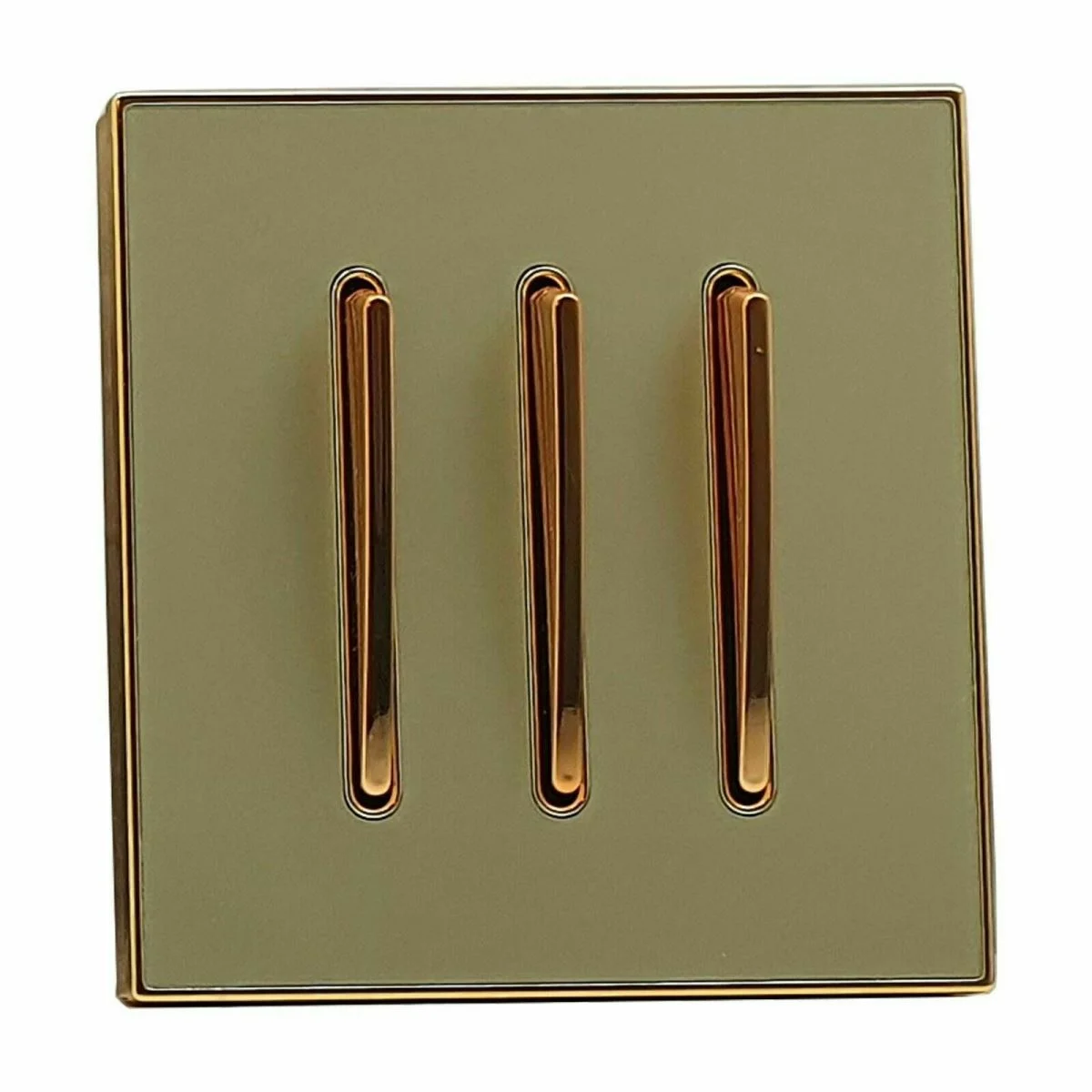 Antique brass 3‑gang 2‑way UK standard light switch, sleek brass finish, brass lettering, three button panels.