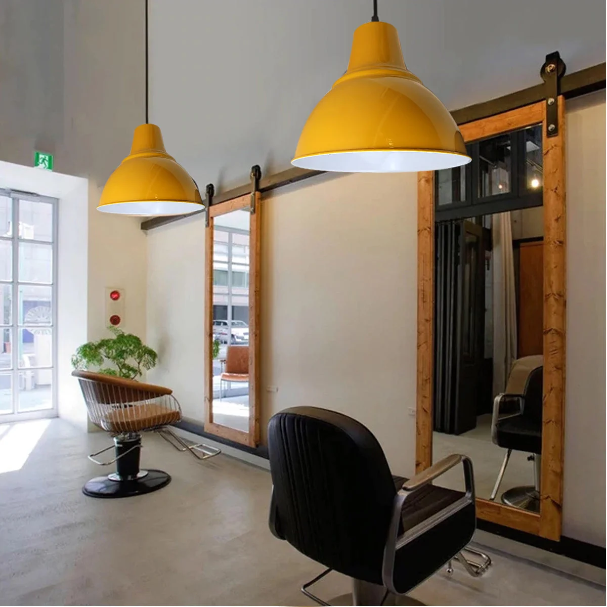 Vintage industrial pendant light with metal barn shade, antique hand‑painted finish, yellow adjustable chain.
