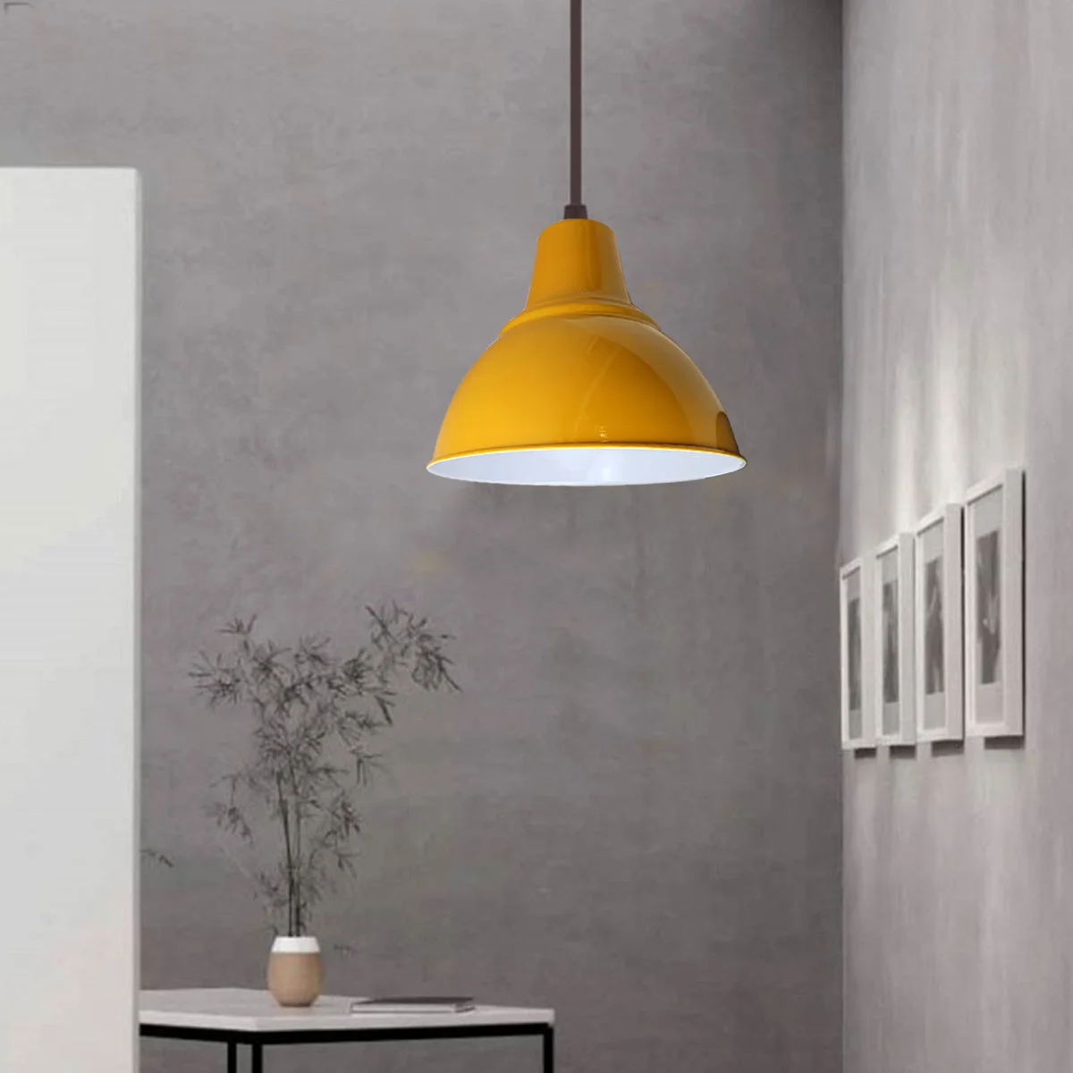 Adjustable chain pendant light with antique metal barn shade, yellow dome, hanging from 10cm ceiling rose