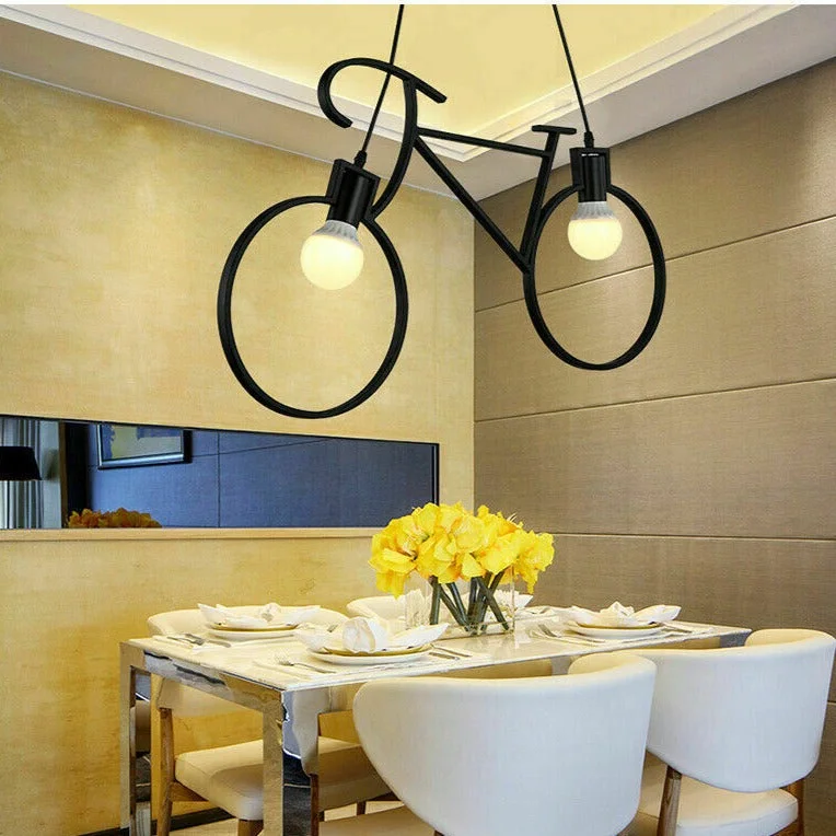 Black iron bicycle ceiling pendant light with two E27 holders, 90cm black cords, 10cm ceiling rose in industrial style.