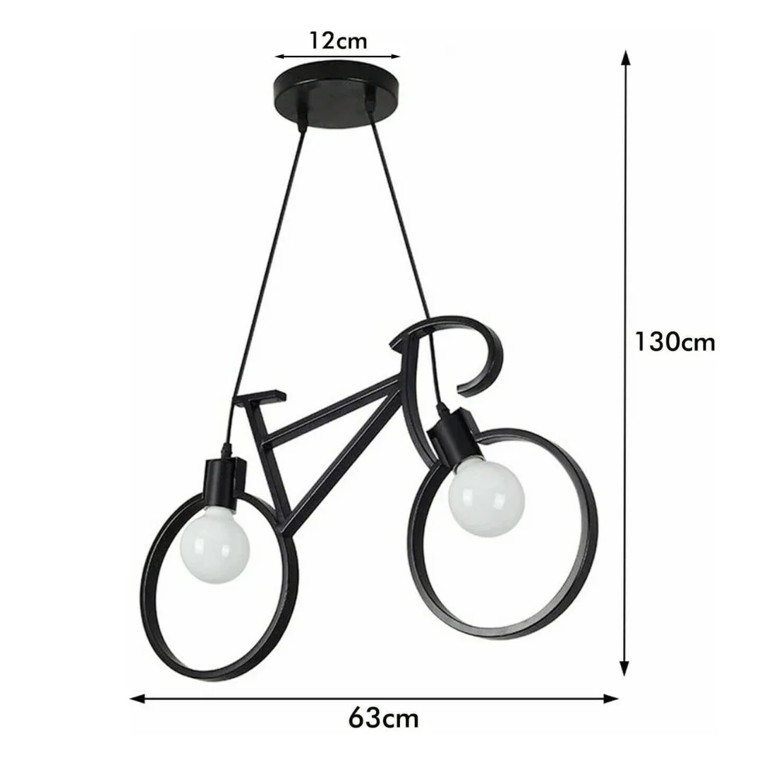 Black iron bicycle chandelier hanging from ceiling, a modern pendant light with 90cm cable and E27 holders.