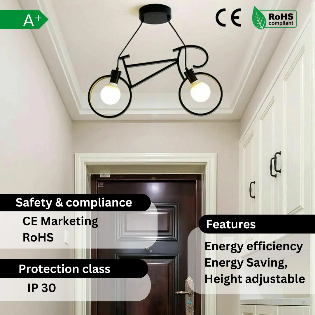 Black iron bicycle chandelier featuring an industrial style lampshade hanging from ceiling.