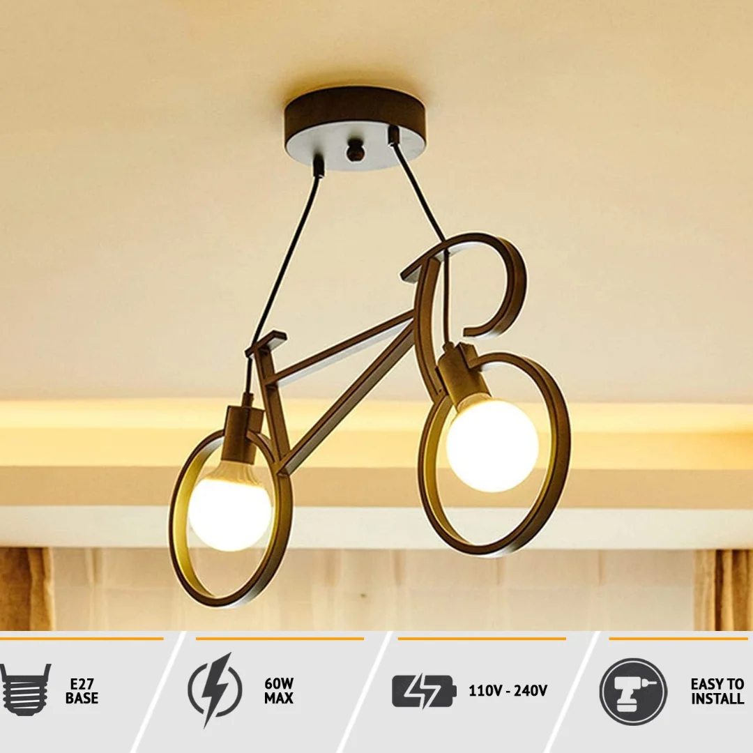 Black iron bicycle chandelier, a black iron ceiling light with a 90 cm black cord, metal shade, and a 10 cm ceiling rose.