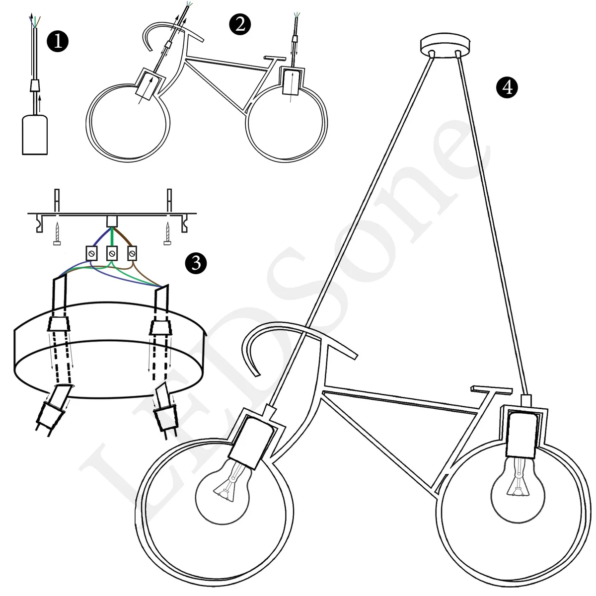 Black iron vintage bicycle chandelier with metal lampshade and E27 light holders hanging from ceiling