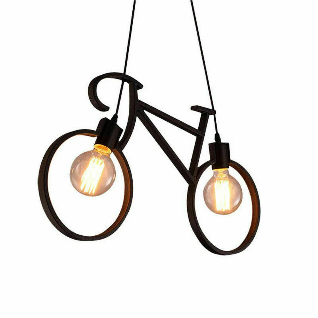 Black iron bicycle chandelier with 10cm ceiling rose, hanging on living room ceiling lamp, includes E27 holders and black cable.