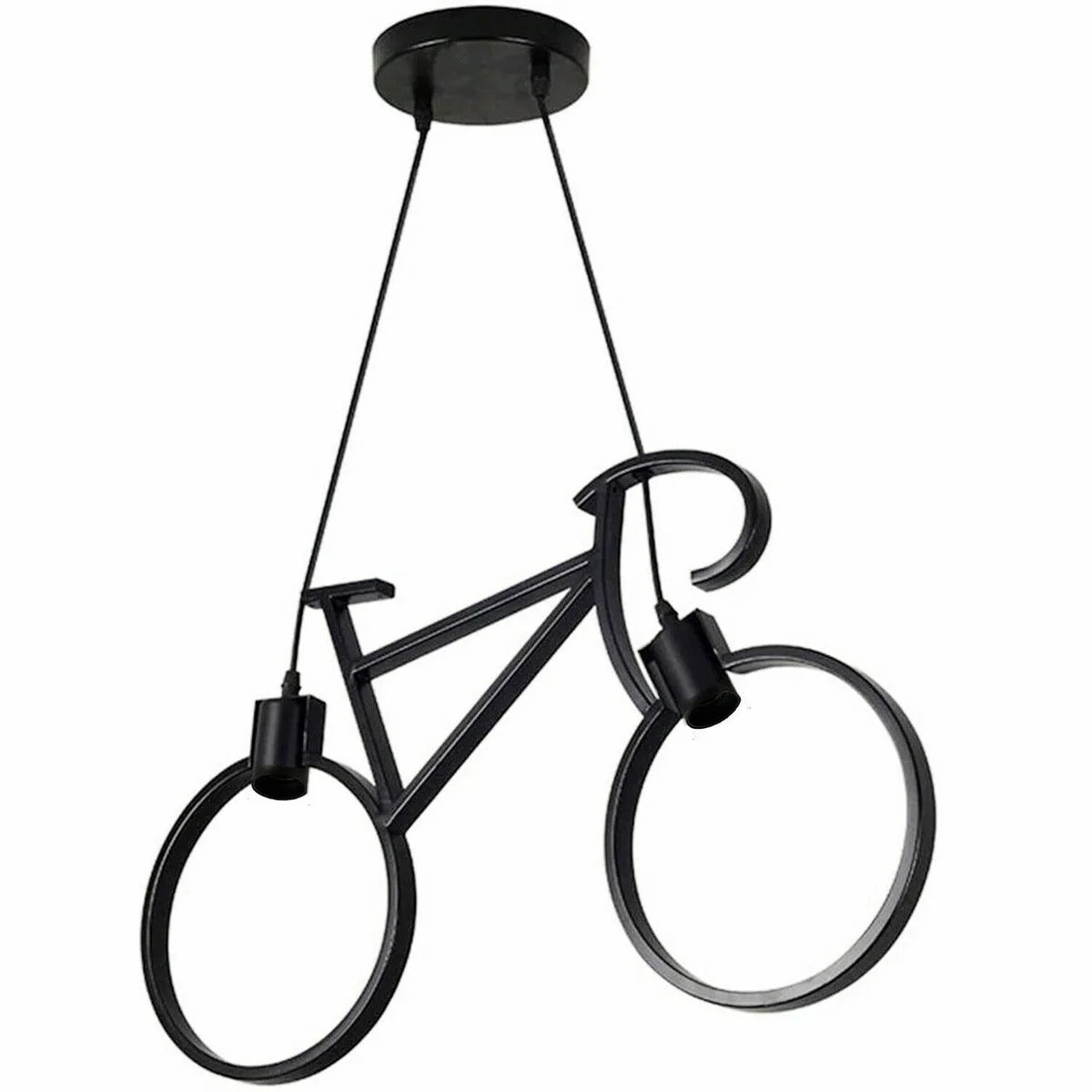 Black iron bicycle ceiling pendant light with hanging lampshade, two E27 holders and 90cm cord, set on a 10cm ceiling rose.