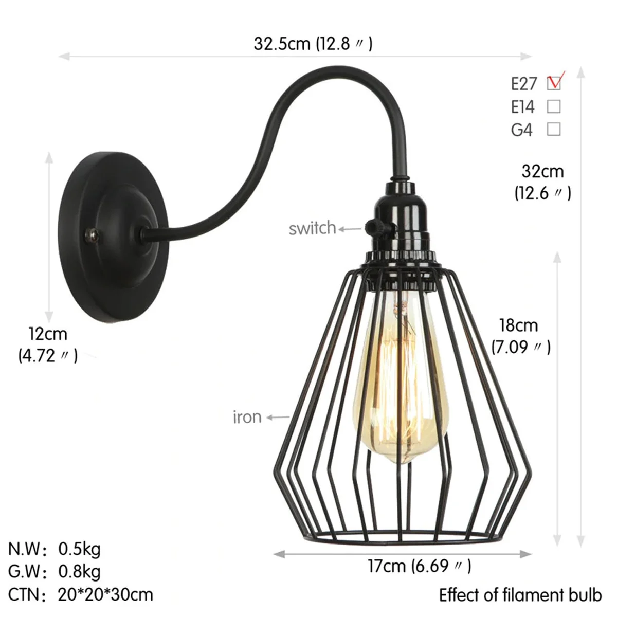 Black metal wall light cage with attached E27 holder and basin style ceiling rose, set on wall for rustic decor.