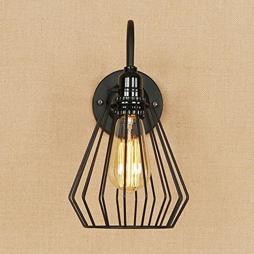 Black iron E27 wall light shade with cage design for rustic elegance.