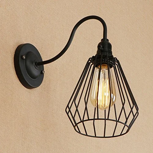 Black industrial cage wall light set with iron frame, E27 holder and ceiling rose, contemporary wall sconce for homes