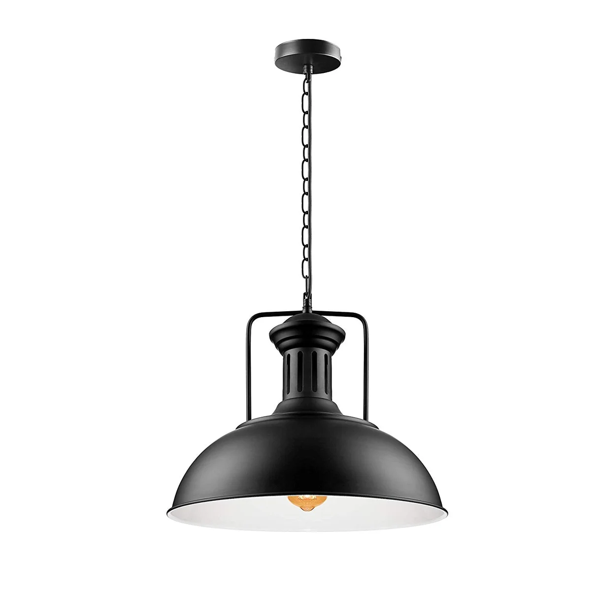 Industrial metal pendant light with black antique painted metal shade, dome cover, adjustable chain, E27 socket, halo rose, rustic barn style.