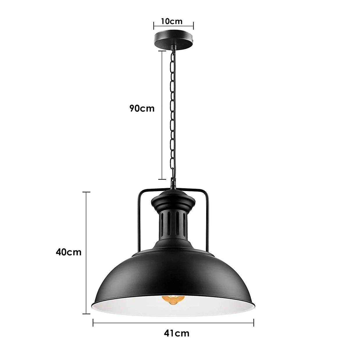 Black metal pendant light with antique hand-painted finish, hanging over a wooden kitchen counter, adjustable chain.