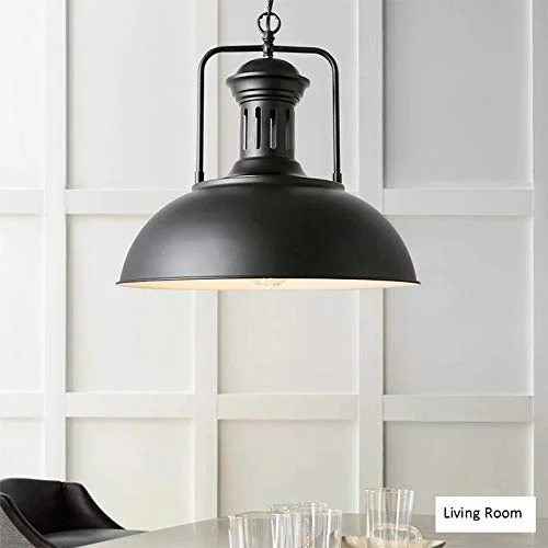 Rustic metal barn pendant light with black dome shade, antique finish, adjustable chain, E27 bulb pendant light, hook rose.