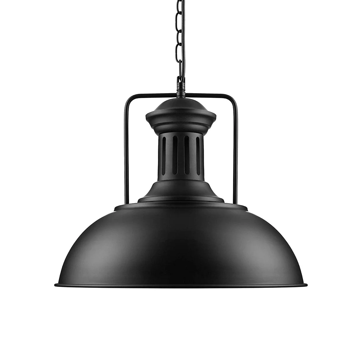 Industrial metal pendant light with black antique hand‑painted metal lampshade, adjustable 95 cm chain, E27 base.