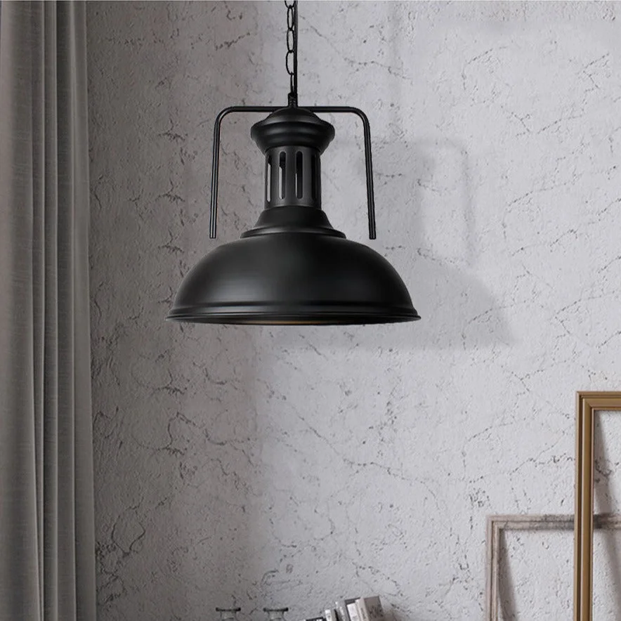 Industrial metal pendant light with black dome shade and adjustable chain, metal antique finish.