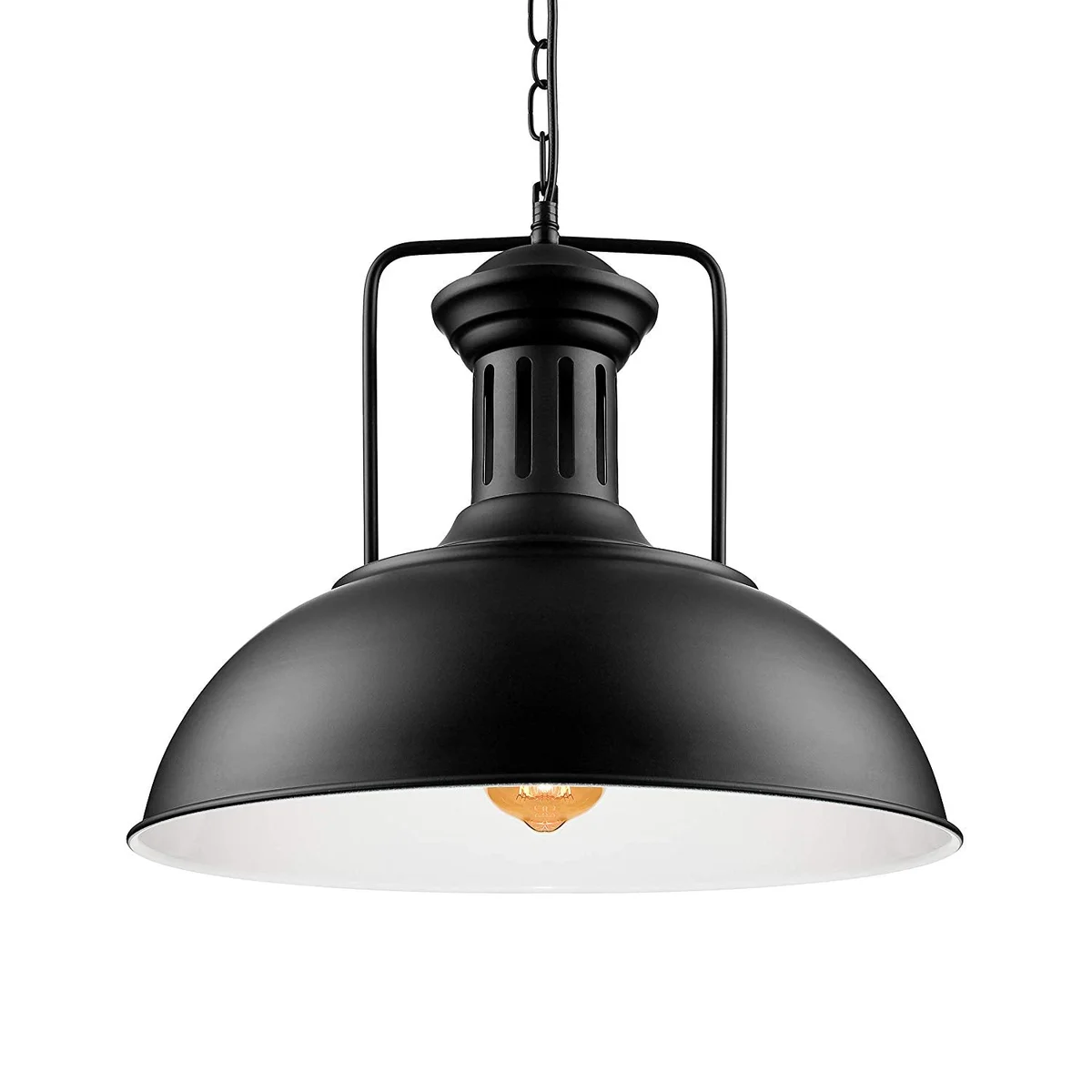 Industrial metal pendant light with black antique metal lampshade, adjustable chain, E27 base.