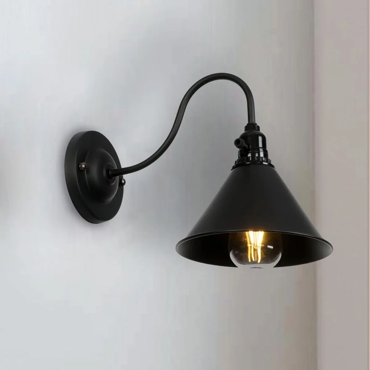 Black cone wall light with iron cage, E27 holder, light arm and ceiling rose, industrial rustic style