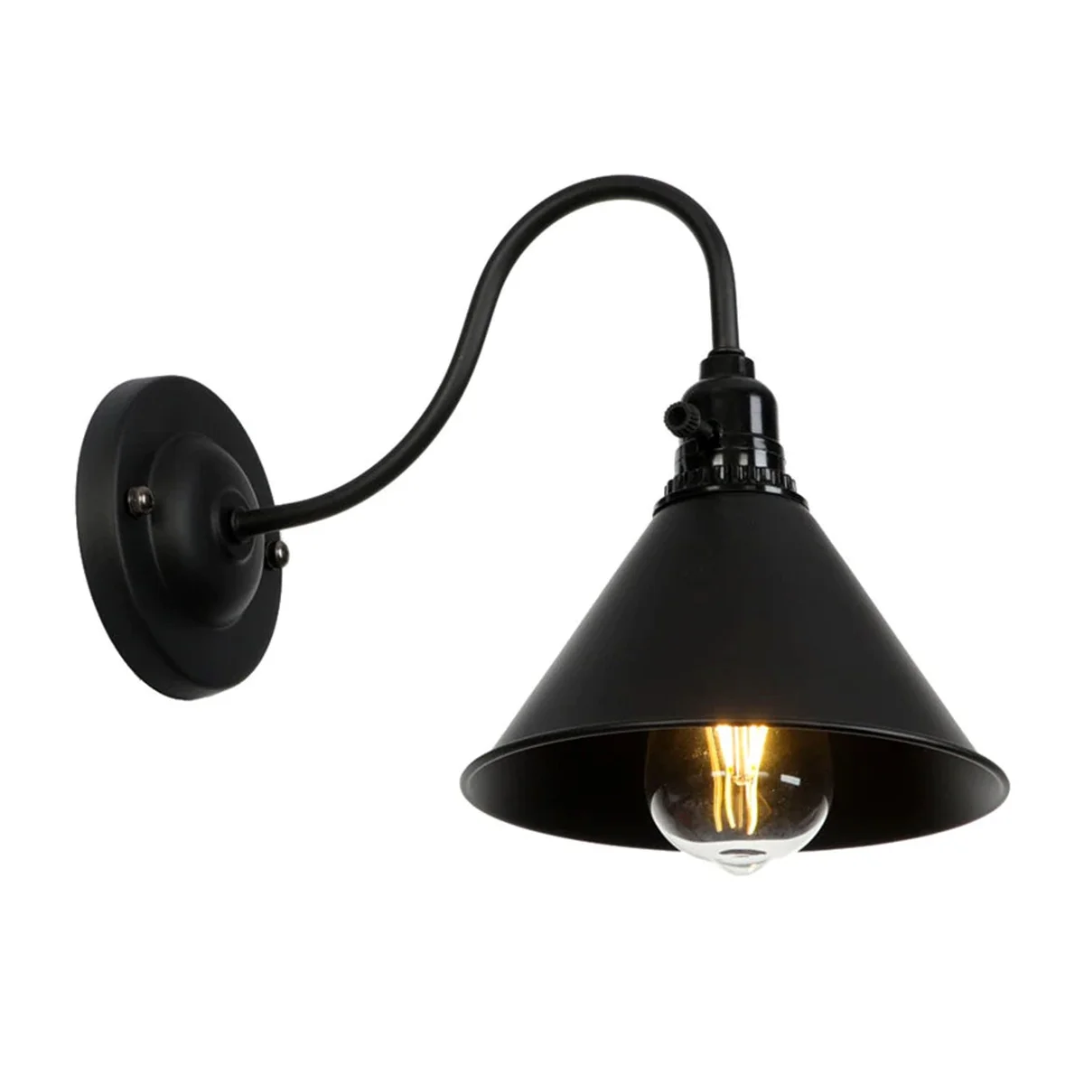 Black industrial style wall light with iron cage, cone shade, E27 socket, mounted on wall