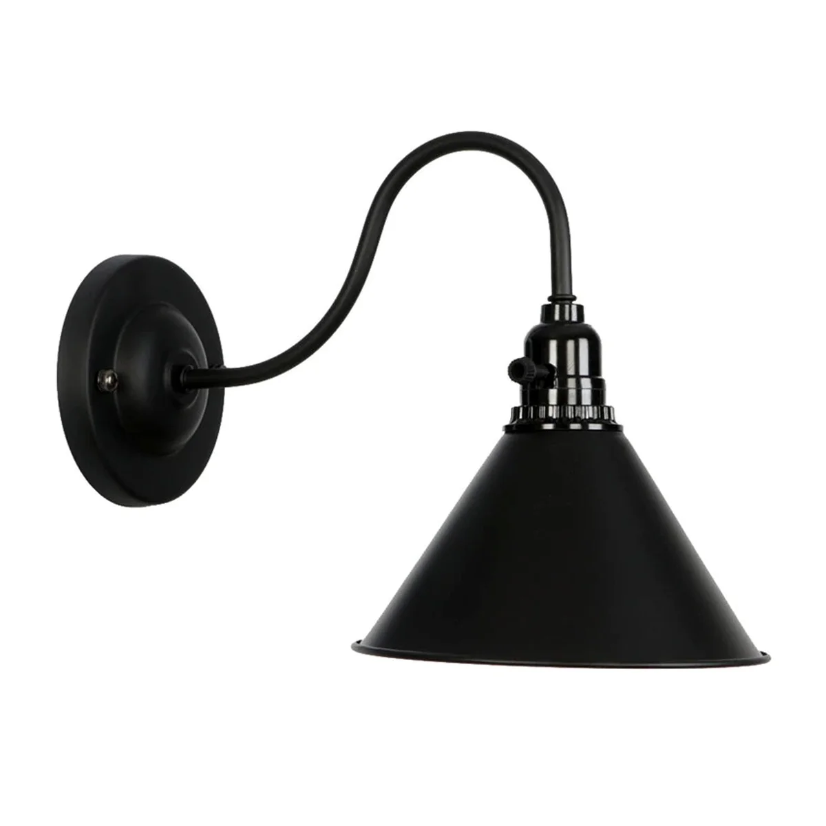 Black iron cage wall light with E27 holder, metal arm and ceiling rose – an E27 wall light fitting.