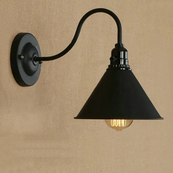 Black Cone Wall Light with iron cage and E27 holder, industrial style metal design.