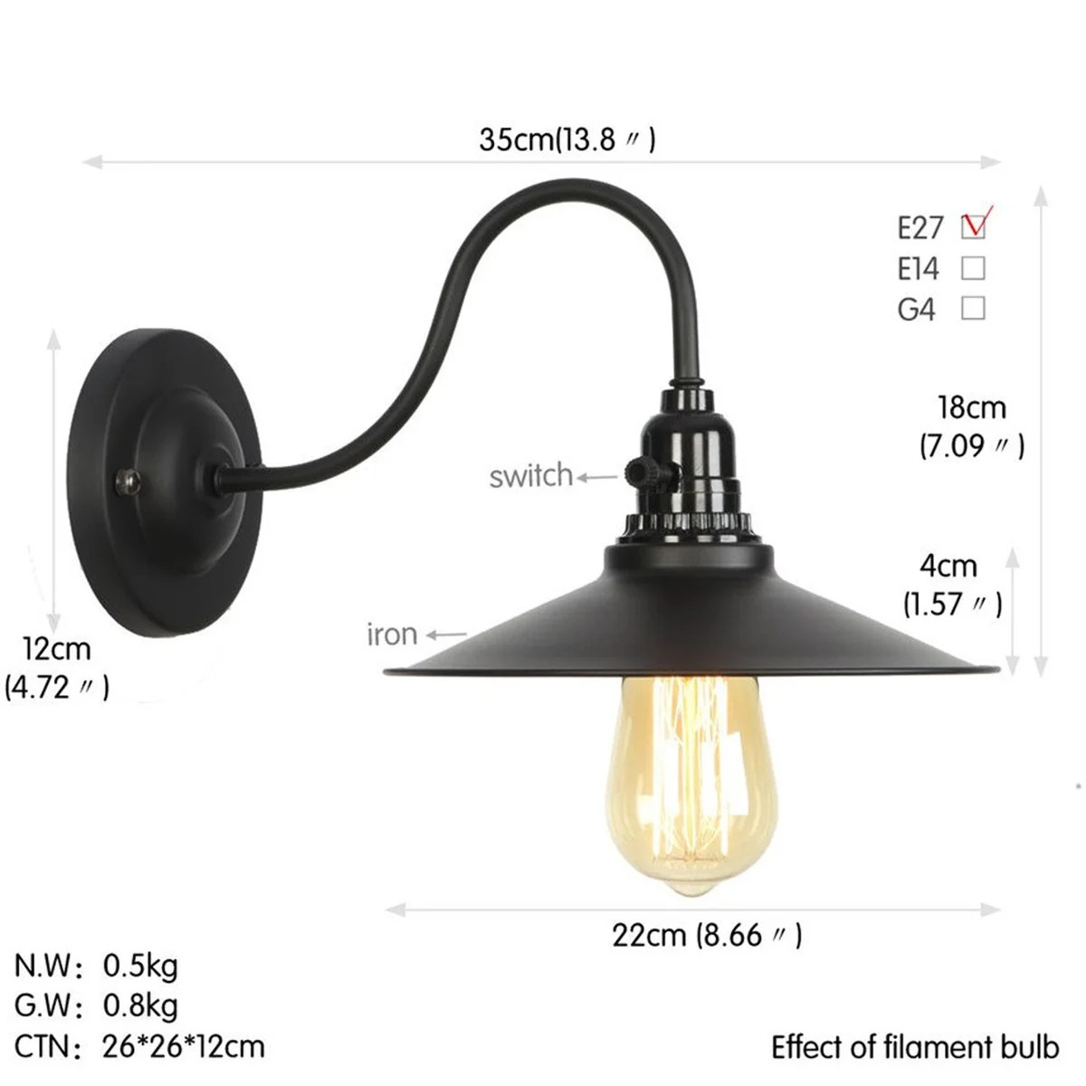 Retro vintage wall lamp featuring an iron cage, E27 holder and light arm, styled with a classic swan neck shade.