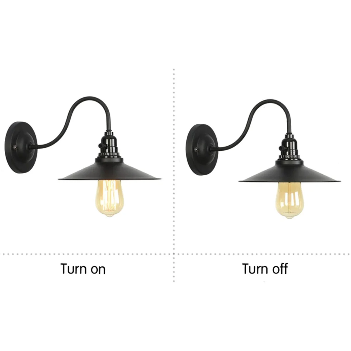 Black iron wall lamp with industrial cage, swan‑neck style and E27 holder, ideal for living rooms and dining rooms.