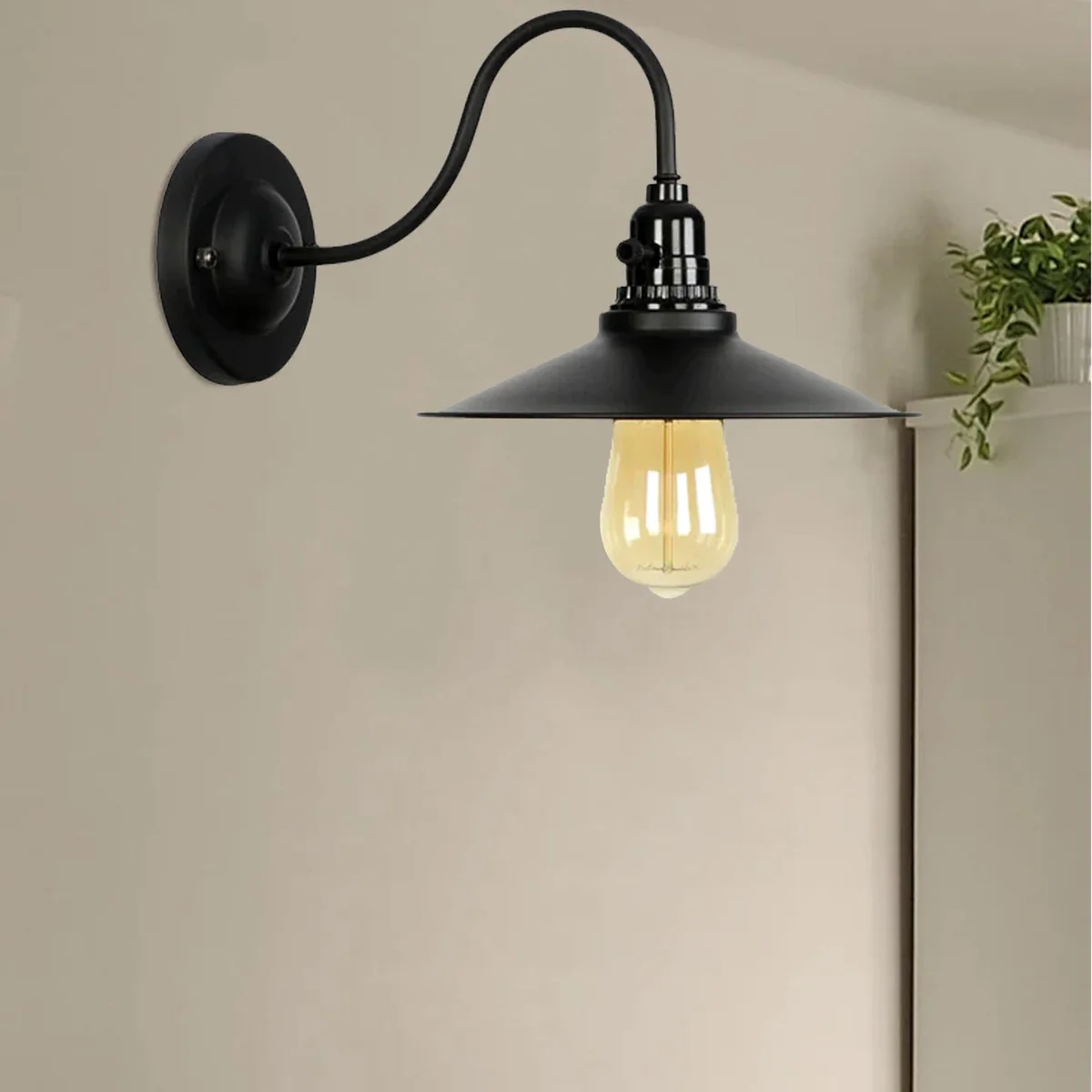 Industrial wall light with iron cage, E27 holder, light arm, rustic decorative style.