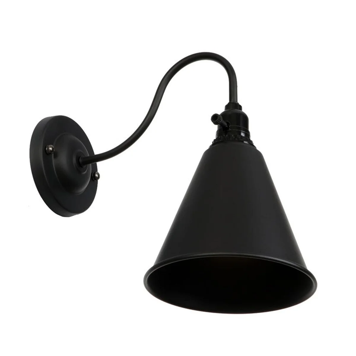 Vintage industrial lamp with iron cage wall sconce, white shade and E27 holder, mounted on a wall.