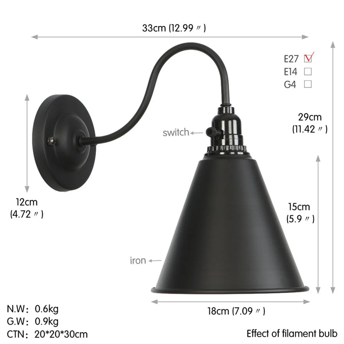 Iron cage metal wall sconce with E27 holder for wall mounting.