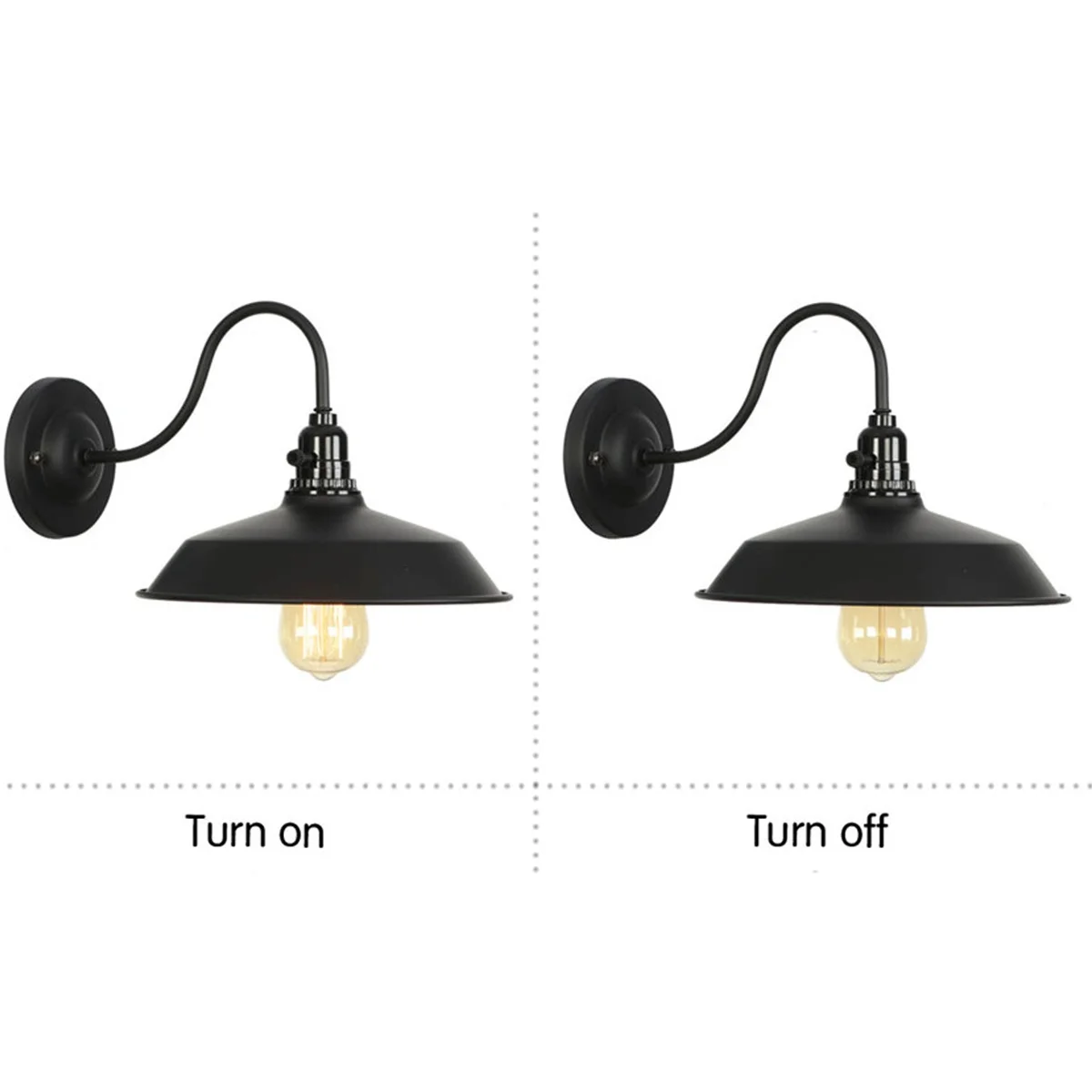 Vintage iron swan neck wall light with graceful curved arm, matte black finish, E27 holder, 100W capacity.