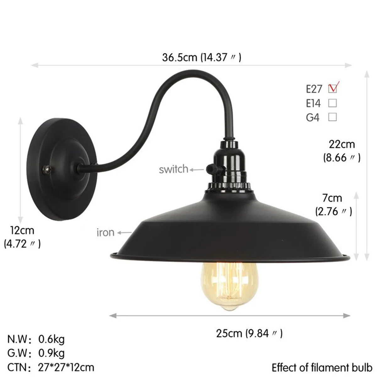 Vintage iron wall sconce with elegant swan neck arm and matte black finish, hanging from wall