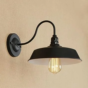 E27 wall lamp with swan neck design, matte black iron construction, featuring a curved arm for lighting.