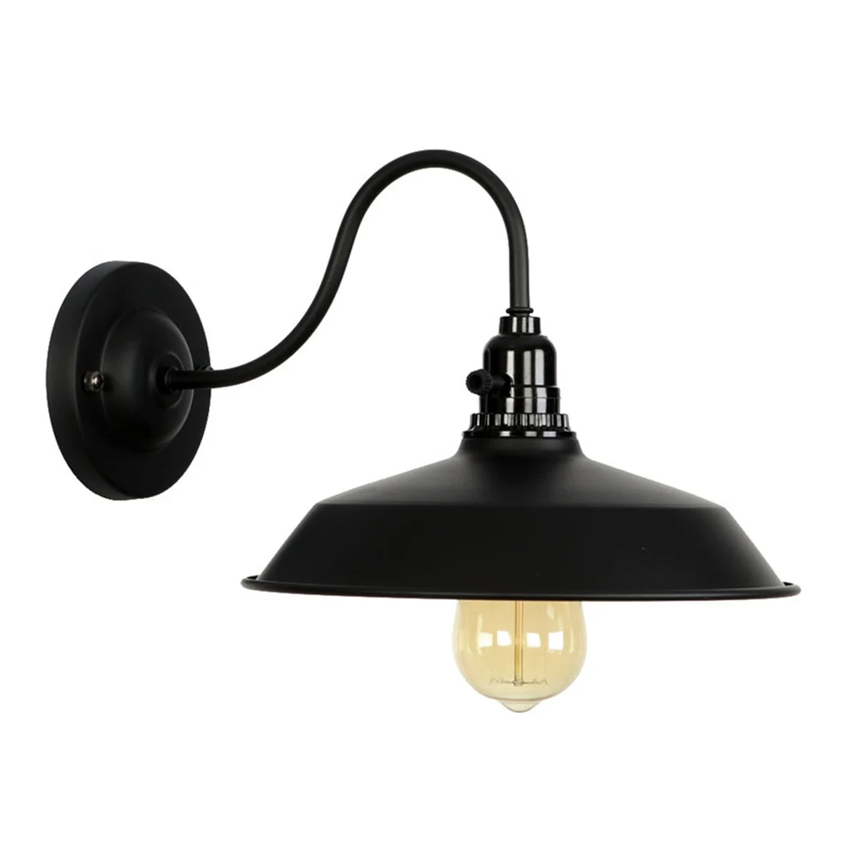 Vintage industrial swan neck matt black wall light with iron finish and curved arm on brick wall