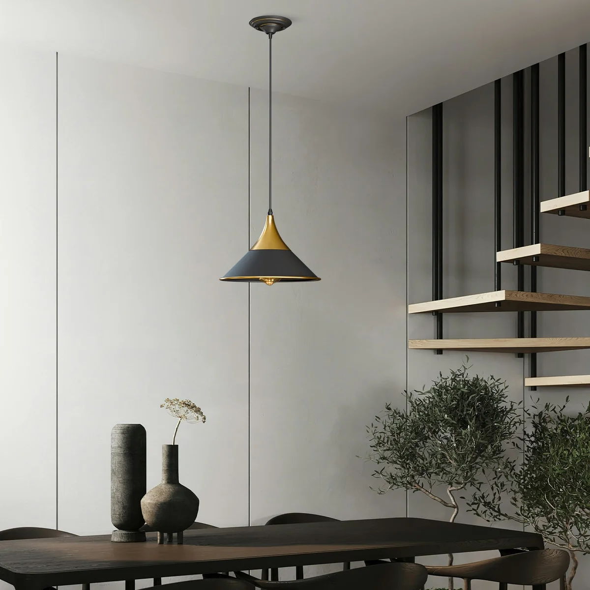 Industrial pendant light with black metal vintage shade, adjustable PVC wire, 14cm diameter, suited for ceilings