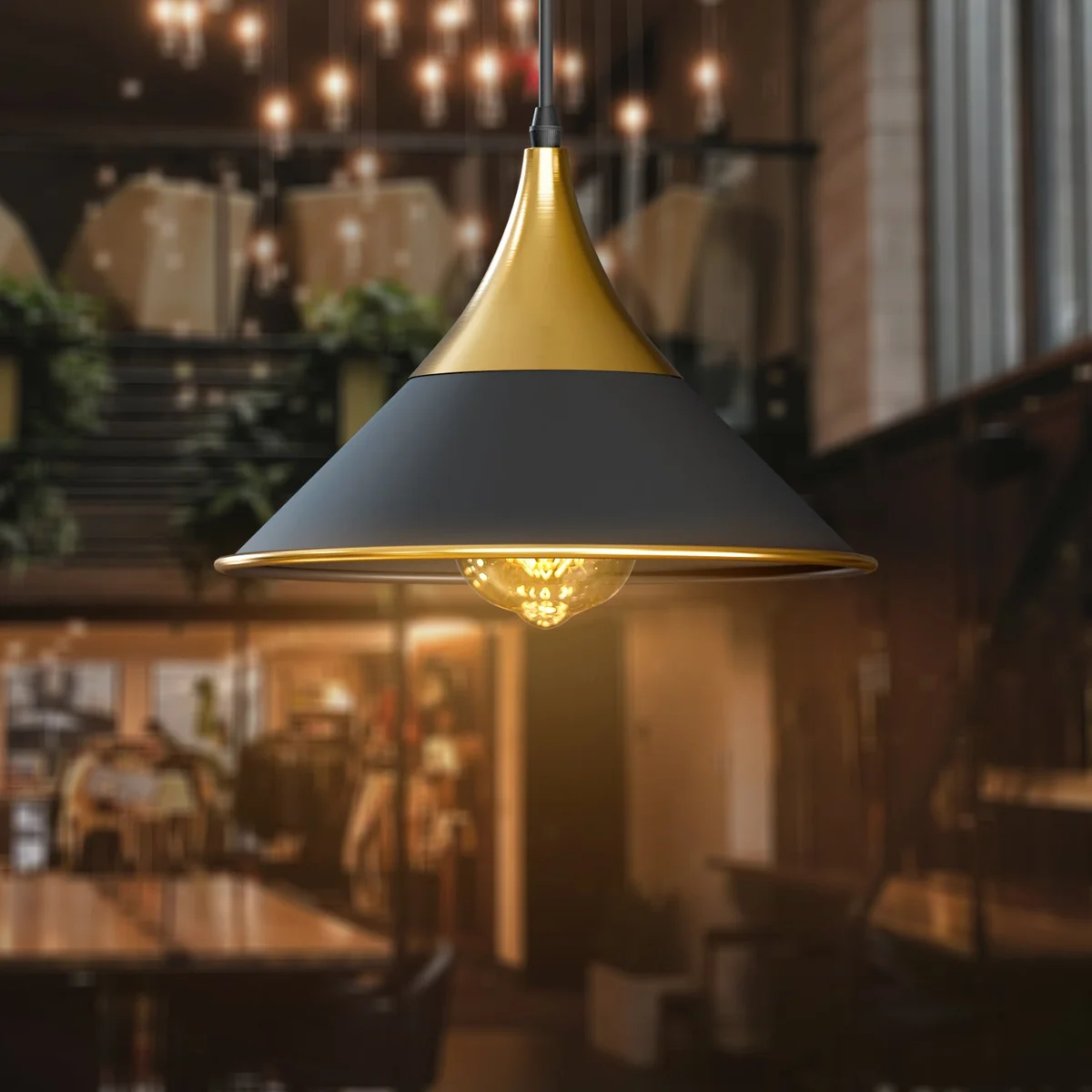 Black vintage metal ceiling pendant with adjustable PVC wire, 14cm diameter shade.