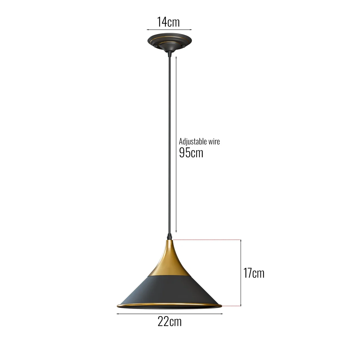 Black aluminum vintage style pendant with 14cm shade, hanging via black PVC wire.