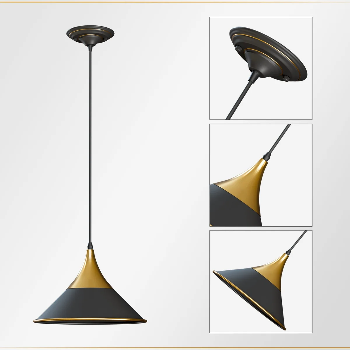 Metal vintage black pendant ceiling light with E27 ceiling light, 14cm diameter, hanging on black PVC wire, good for kitchen