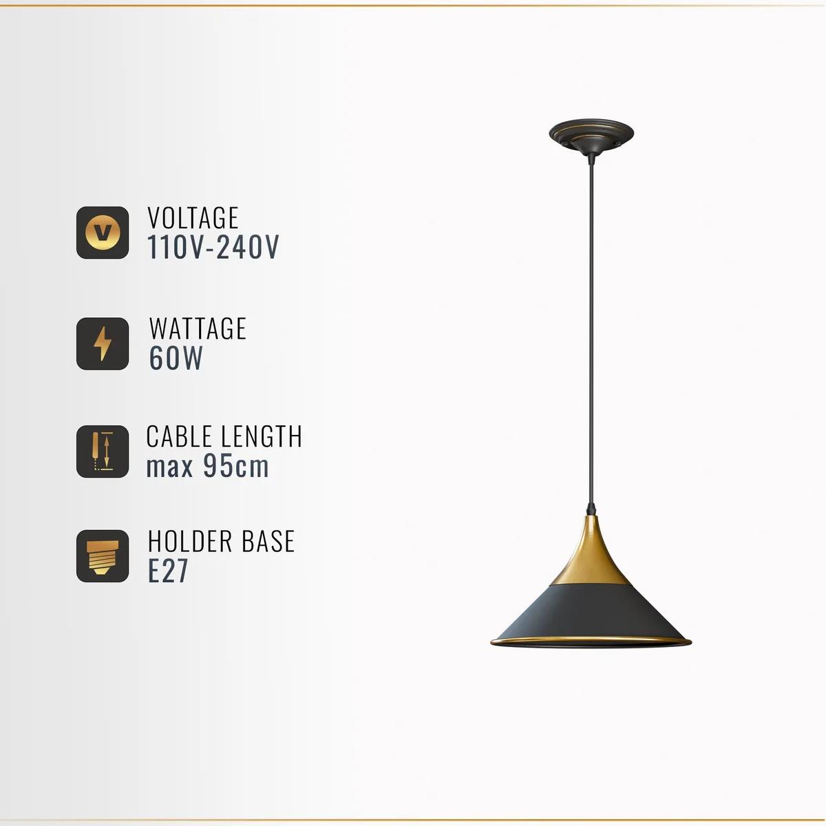 Vintage black metal pendant lamp with 14cm diameter shade on adjustable PVC wire, suitable for kitchen or bar lighting