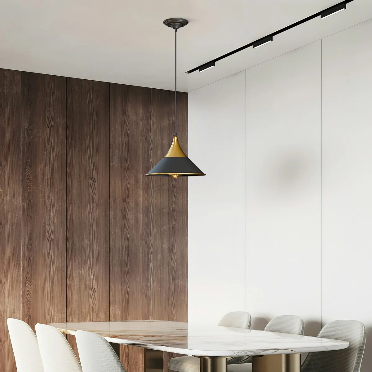 Black metal vintage industrial pendant light with a 14 cm diameter lampshade, hanging on adjustable PVC wire – a stylish kitchen or cafe fixture.