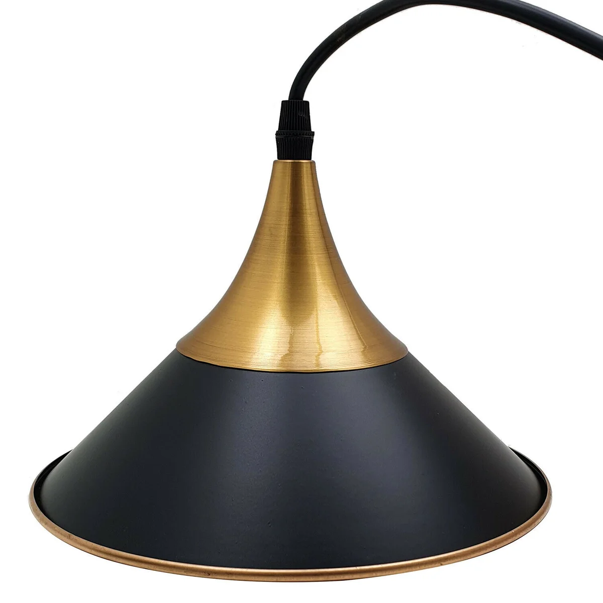 Black metal industrial pendant light with vintage style ceiling shade, 14cm diameter, hanging on adjustable black PVC wire.