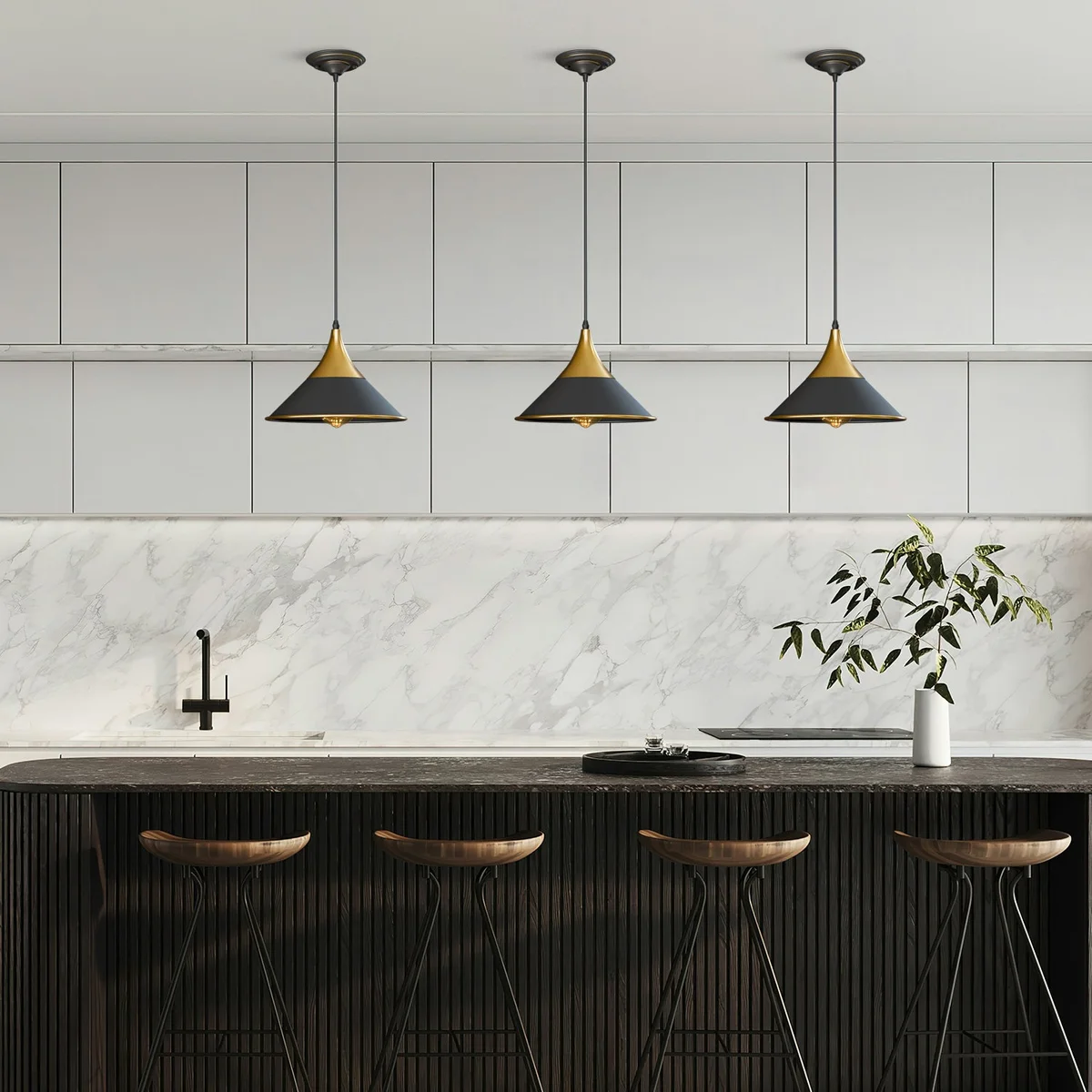 Black aluminum industrial pendant light with 14 cm vintage style metal shade suspended by adjustable black PVC wire.