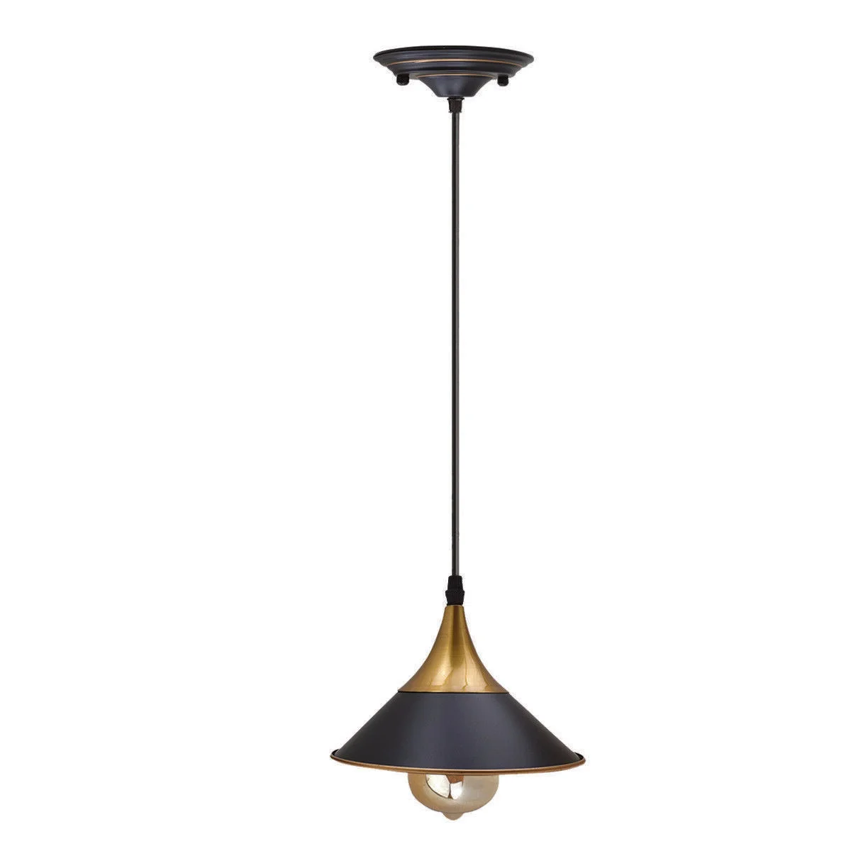 Black vintage industrial pendant light with aluminum shade, 14cm diameter, 4cm height, hanging on adjustable PVC wire