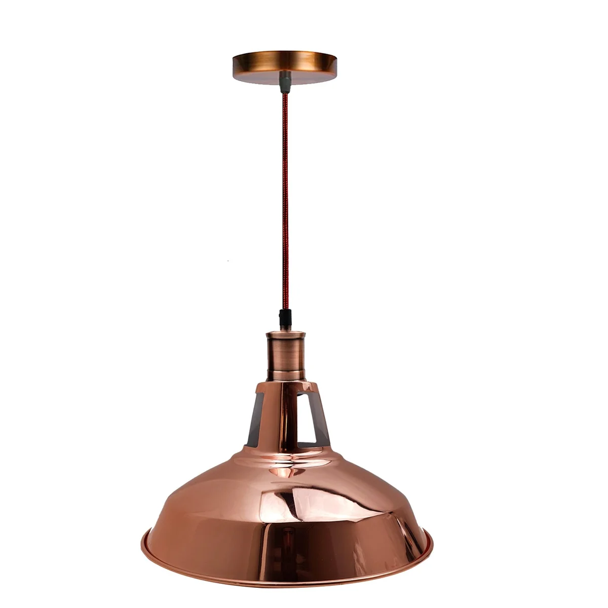 Modern pendant light in rose gold with 10cm diameter rose, 2cm height, hanging on adjustable black 3‑core wire