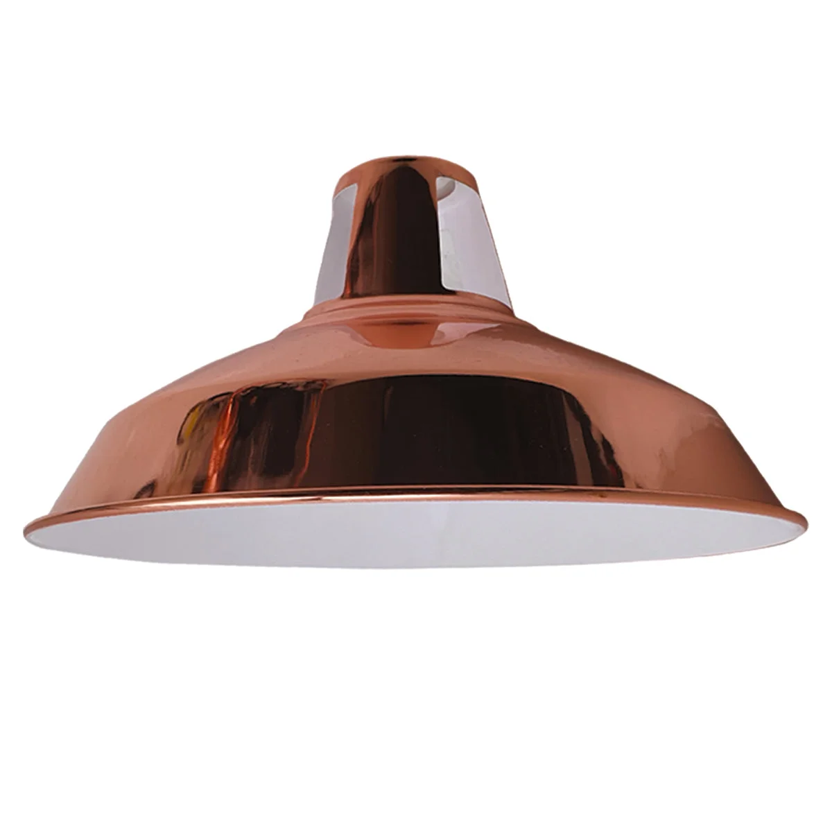 Aluminum pendant lamp in rose gold vintage style, 10cm diameter, 2cm tall, hanging from ceiling.